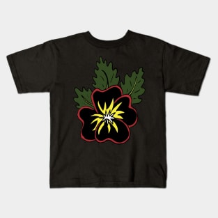 Moody two toned black and red pansy illustration with contrasting white and yellow centre surrounded by green leaves, great gift for a flower lover! Kids T-Shirt